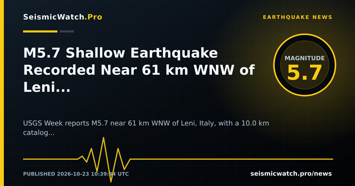 News card for M5.7 Shallow Earthquake Recorded Near 61 km WNW of Leni, Italy
