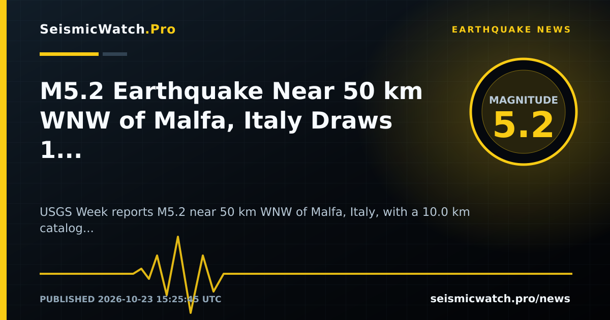 News card for M5.2 Earthquake Near 50 km WNW of Malfa, Italy Draws 1 Felt Reports