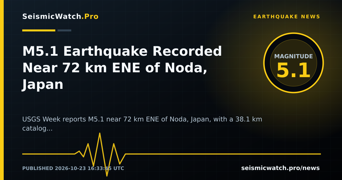 News card for M5.1 Earthquake Recorded Near 72 km ENE of Noda, Japan