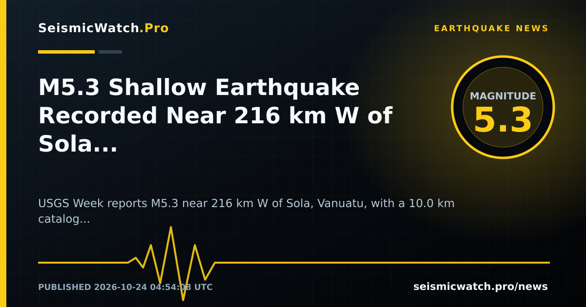 News card for M5.3 Shallow Earthquake Recorded Near 216 km W of Sola, Vanuatu