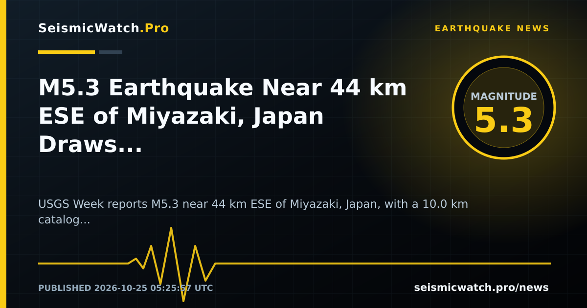 News card for M5.3 Earthquake Near 44 km ESE of Miyazaki, Japan Draws 2 Felt Reports
