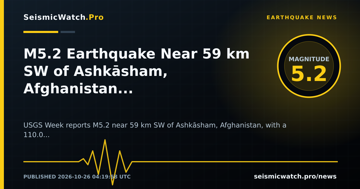 News card for M5.2 Earthquake Near 59 km SW of Ashkāsham, Afghanistan Draws 6 Felt Reports