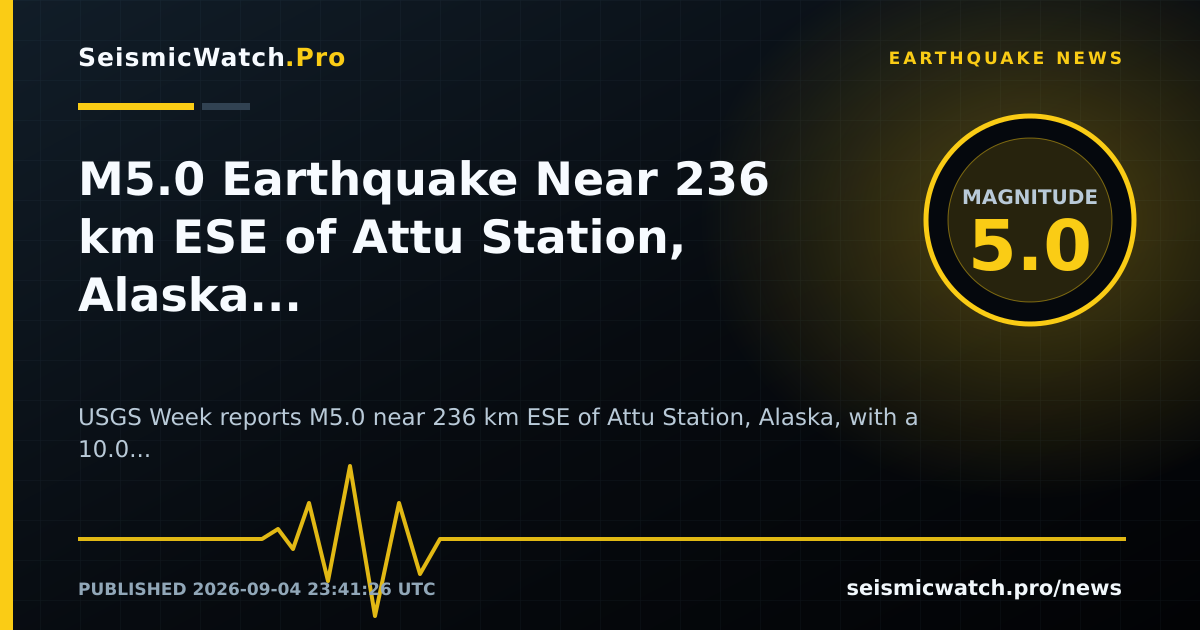 News card for M5.0 Earthquake Near 236 km ESE of Attu Station, Alaska Carries Provider Tsunami Flag
