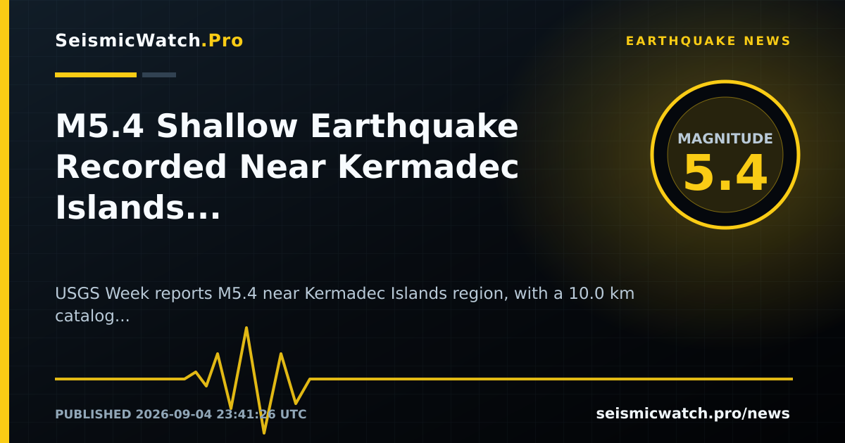 News card for M5.4 Shallow Earthquake Recorded Near Kermadec Islands region