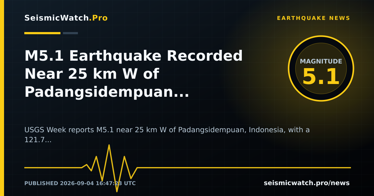 News card for M5.1 Earthquake Recorded Near 25 km W of Padangsidempuan, Indonesia