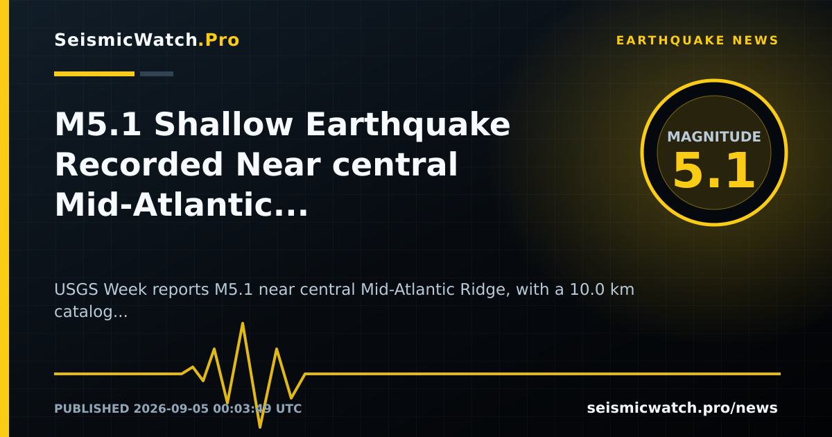 News card for M5.1 Shallow Earthquake Recorded Near central Mid-Atlantic Ridge