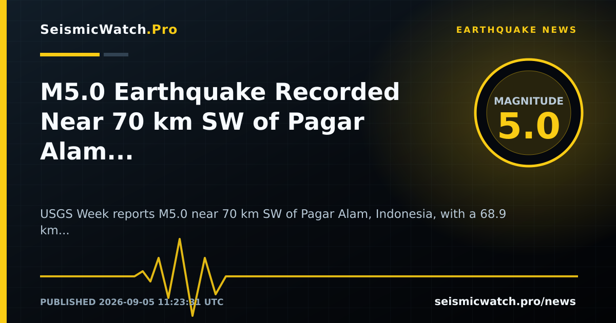 News card for M5.0 Earthquake Recorded Near 70 km SW of Pagar Alam, Indonesia