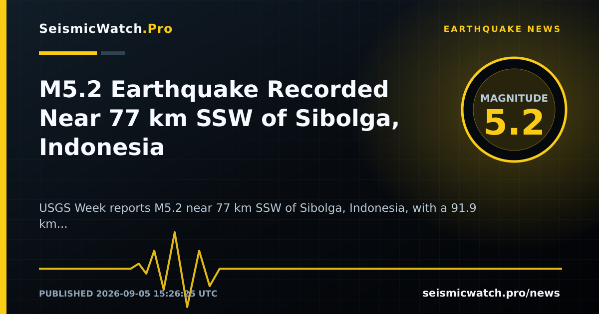 News card for M5.2 Earthquake Recorded Near 77 km SSW of Sibolga, Indonesia