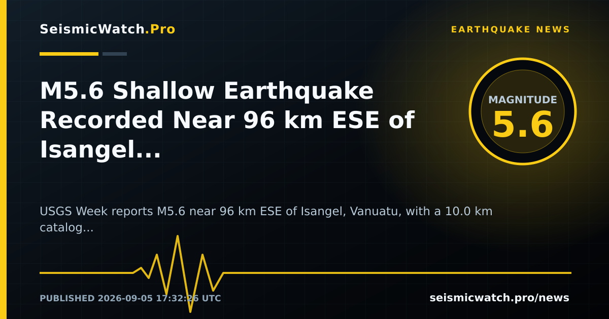News card for M5.6 Shallow Earthquake Recorded Near 96 km ESE of Isangel, Vanuatu