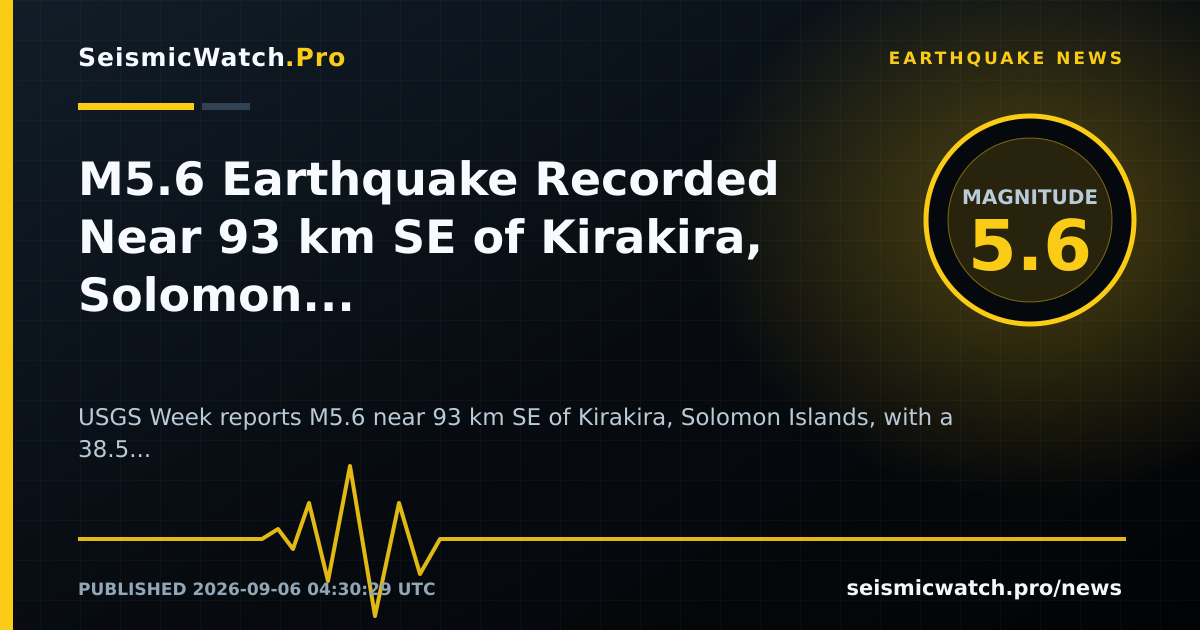 News card for M5.6 Earthquake Recorded Near 93 km SE of Kirakira, Solomon Islands