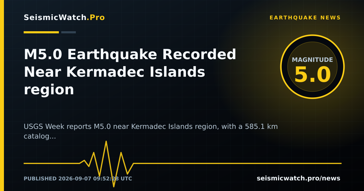 News card for M5.0 Earthquake Recorded Near Kermadec Islands region