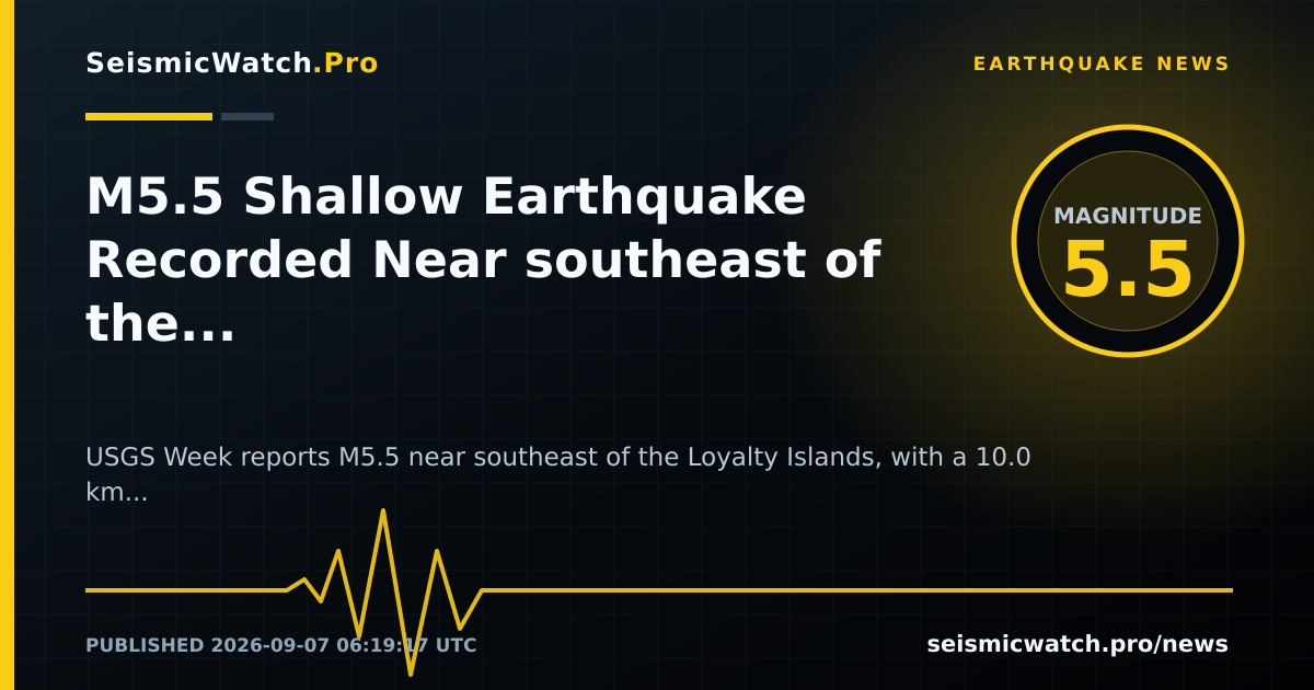 News card for M5.5 Shallow Earthquake Recorded Near southeast of the Loyalty Islands