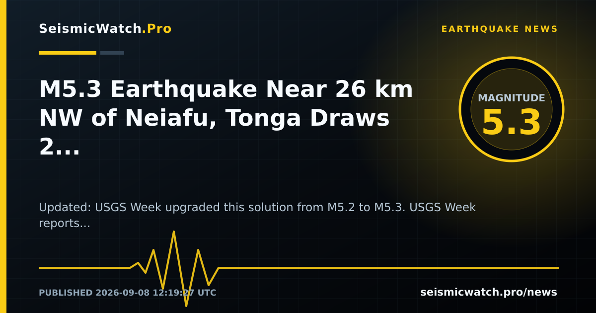 News card for M5.3 Earthquake Near 26 km NW of Neiafu, Tonga Draws 2 Felt Reports