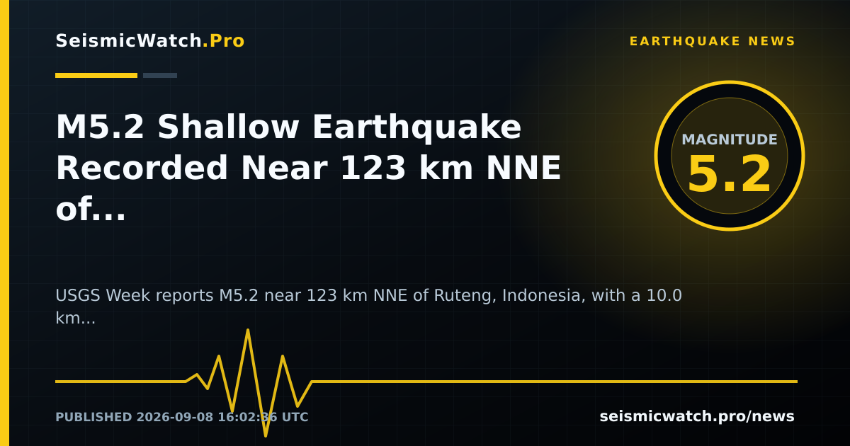 News card for M5.2 Shallow Earthquake Recorded Near 123 km NNE of Ruteng, Indonesia
