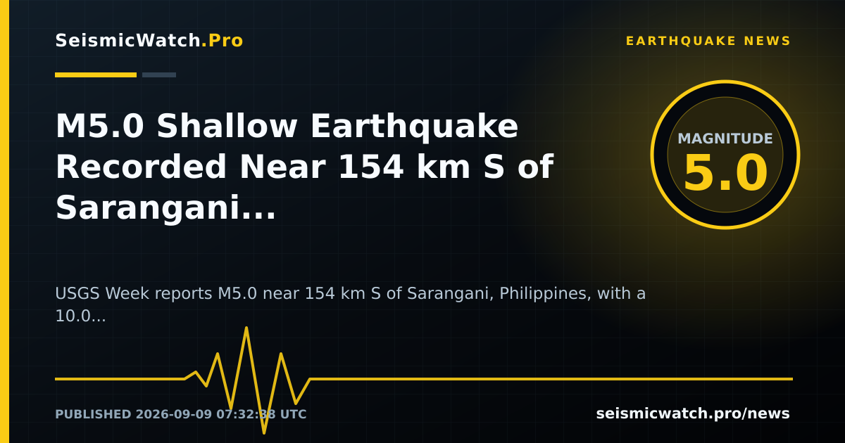 News card for M5.0 Shallow Earthquake Recorded Near 154 km S of Sarangani, Philippines