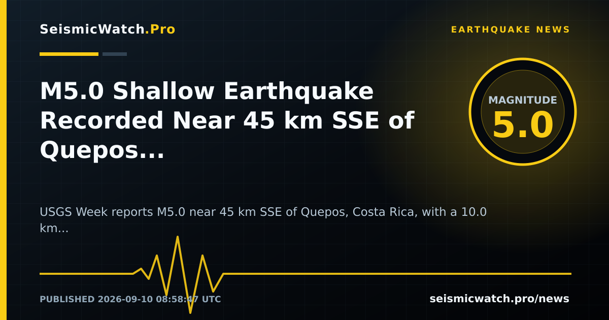 News card for M5.0 Shallow Earthquake Recorded Near 45 km SSE of Quepos, Costa Rica