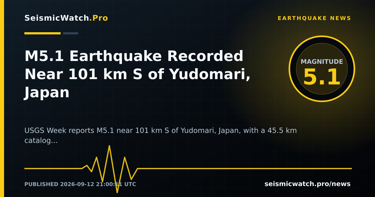 News card for M5.1 Earthquake Recorded Near 101 km S of Yudomari, Japan