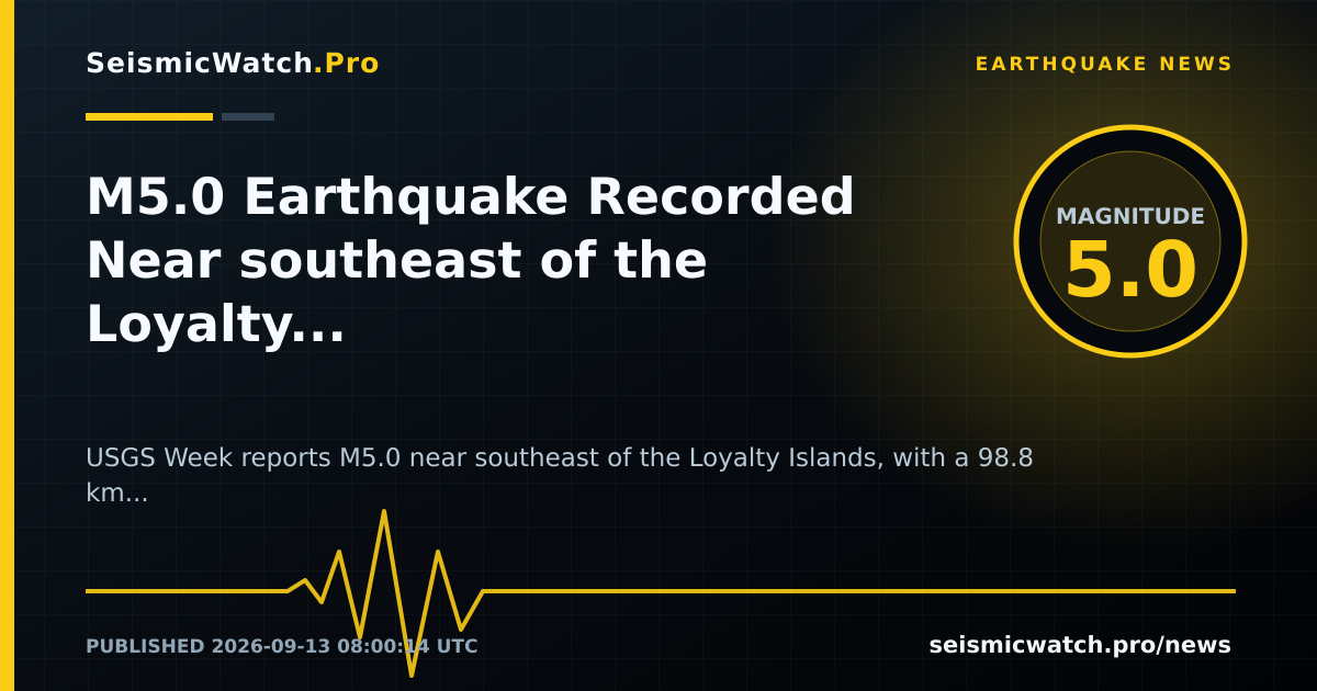 News card for M5.0 Earthquake Recorded Near southeast of the Loyalty Islands
