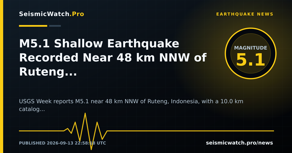 News card for M5.1 Shallow Earthquake Recorded Near 48 km NNW of Ruteng, Indonesia
