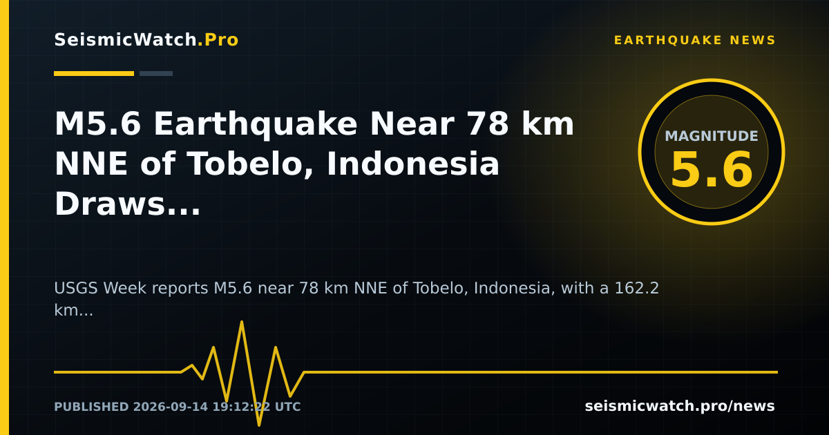 News card for M5.6 Earthquake Near 78 km NNE of Tobelo, Indonesia Draws 1 Felt Reports