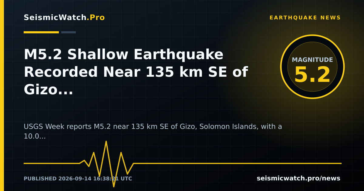 News card for M5.2 Shallow Earthquake Recorded Near 135 km SE of Gizo, Solomon Islands
