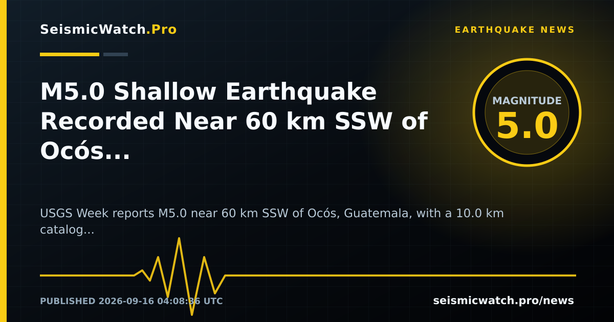 News card for M5.0 Shallow Earthquake Recorded Near 60 km SSW of Ocós, Guatemala
