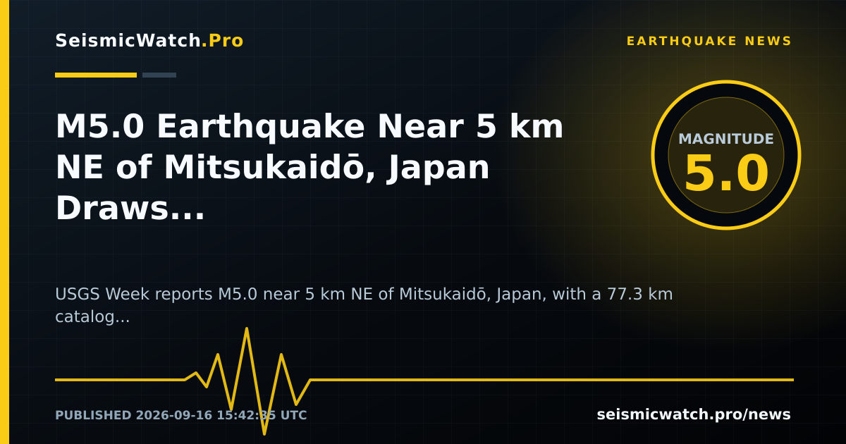 News card for M5.0 Earthquake Near 5 km NE of Mitsukaidō, Japan Draws 9 Felt Reports