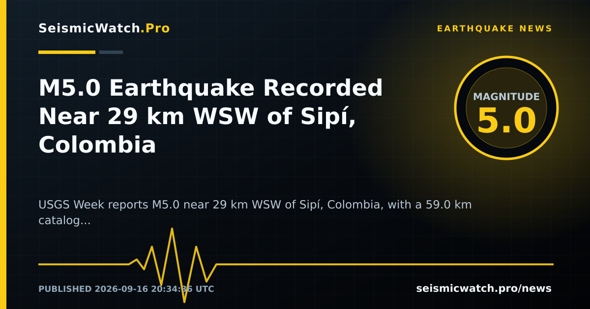 News card for M5.0 Earthquake Recorded Near 29 km WSW of Sipí, Colombia