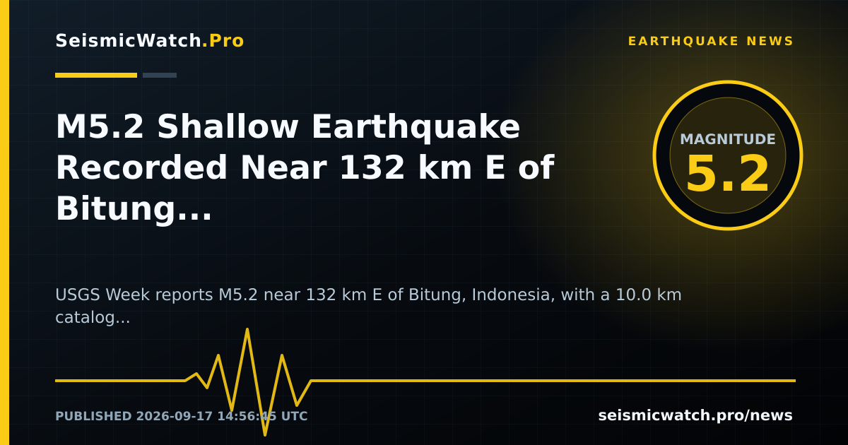 News card for M5.2 Shallow Earthquake Recorded Near 132 km E of Bitung, Indonesia
