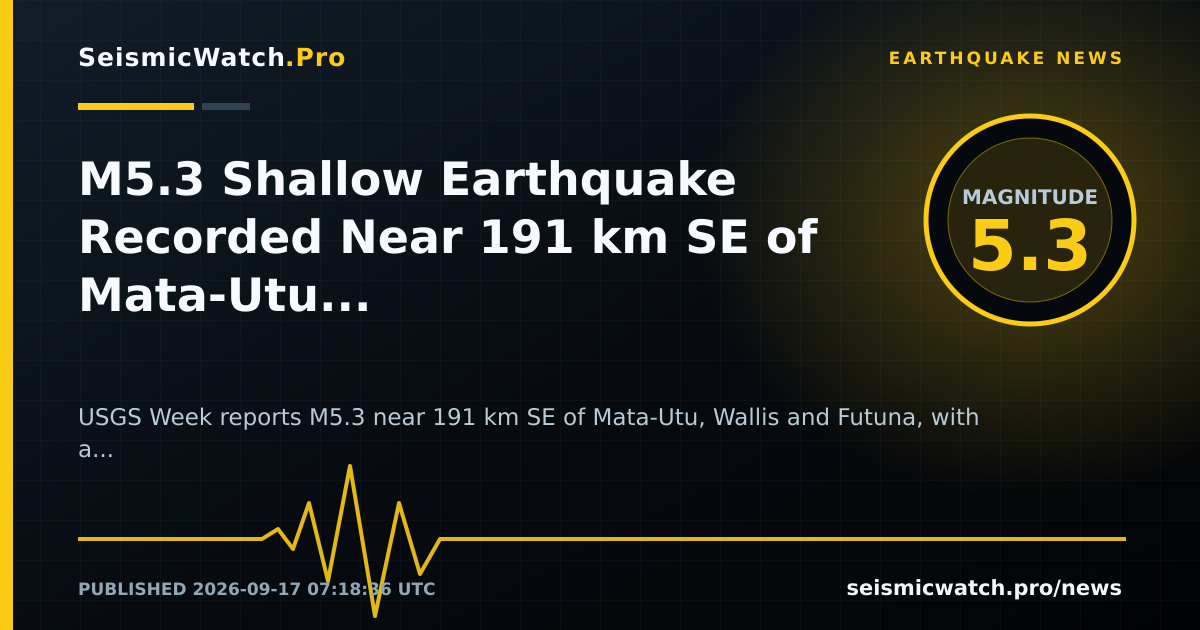 News card for M5.3 Shallow Earthquake Recorded Near 191 km SE of Mata-Utu, Wallis and Futuna