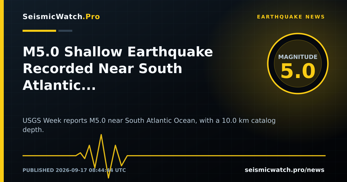 News card for M5.0 Shallow Earthquake Recorded Near South Atlantic Ocean