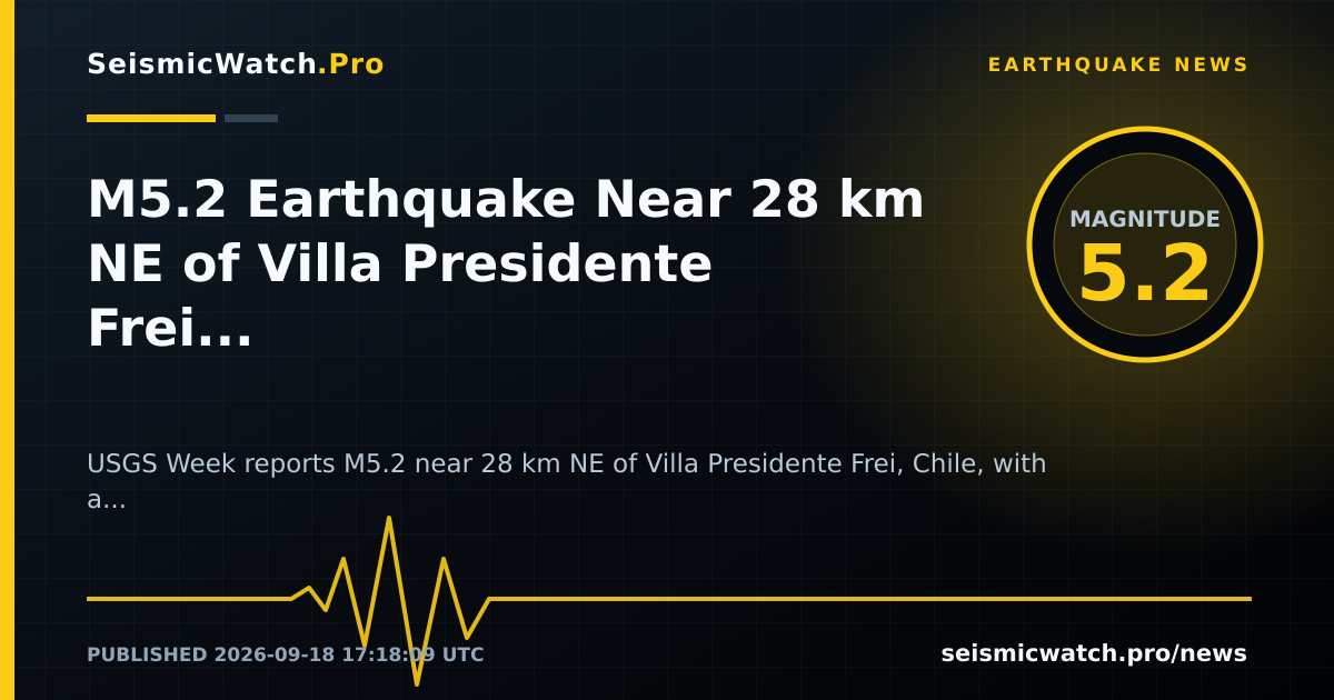 News card for M5.2 Earthquake Near 28 km NE of Villa Presidente Frei, Chile Draws 3 Felt Reports
