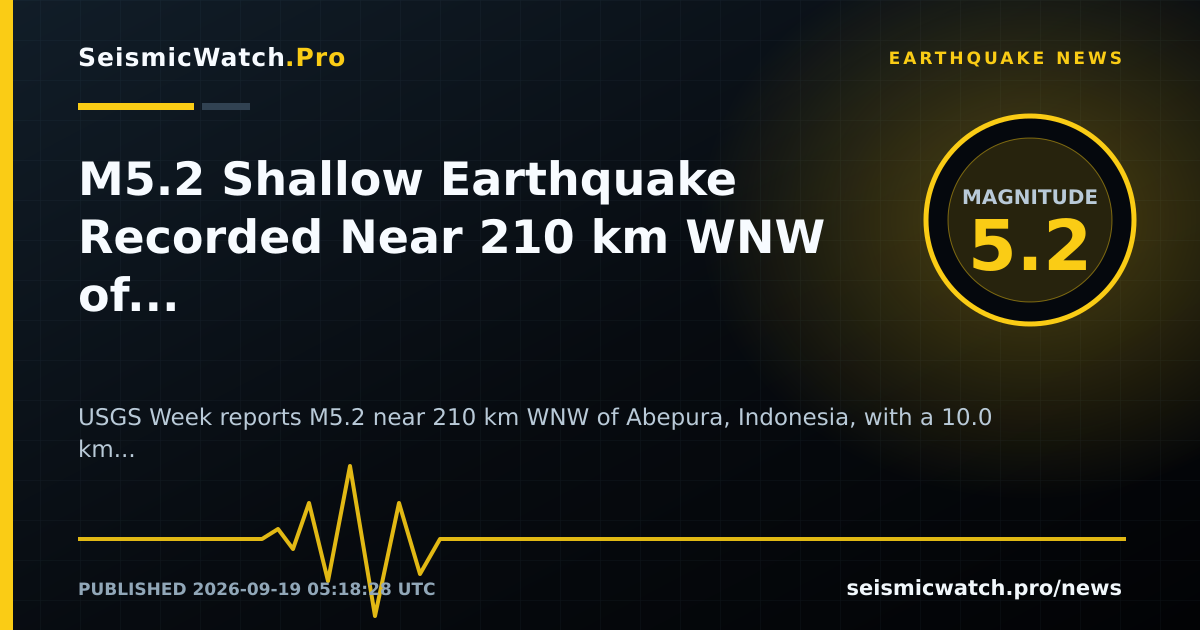 News card for M5.2 Shallow Earthquake Recorded Near 210 km WNW of Abepura, Indonesia