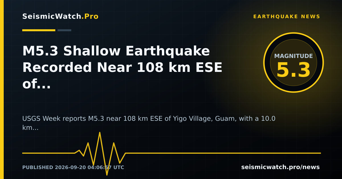 News card for M5.3 Shallow Earthquake Recorded Near 108 km ESE of Yigo Village, Guam