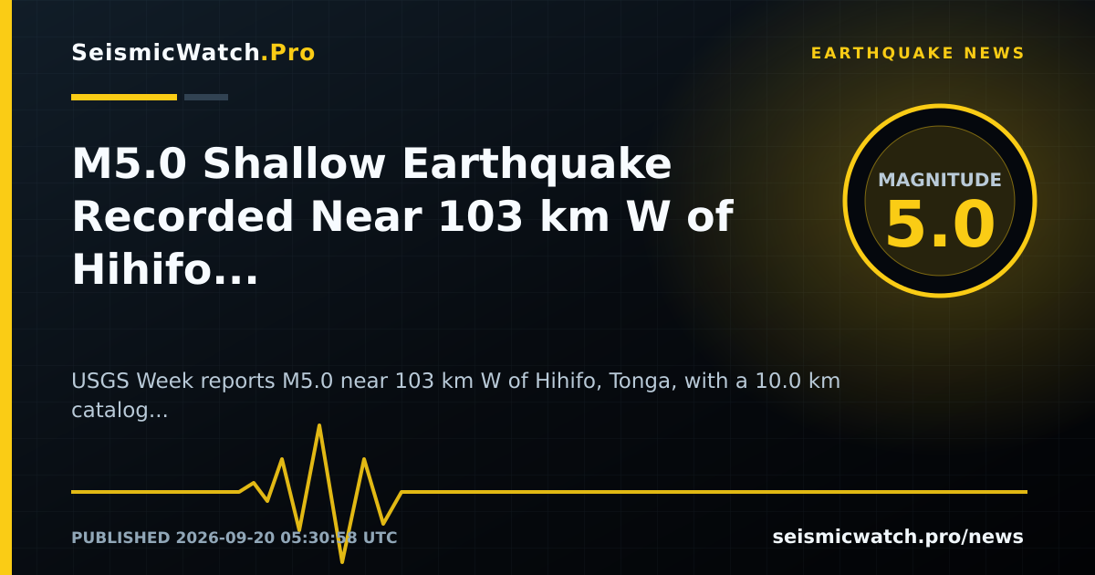 News card for M5.0 Shallow Earthquake Recorded Near 103 km W of Hihifo, Tonga