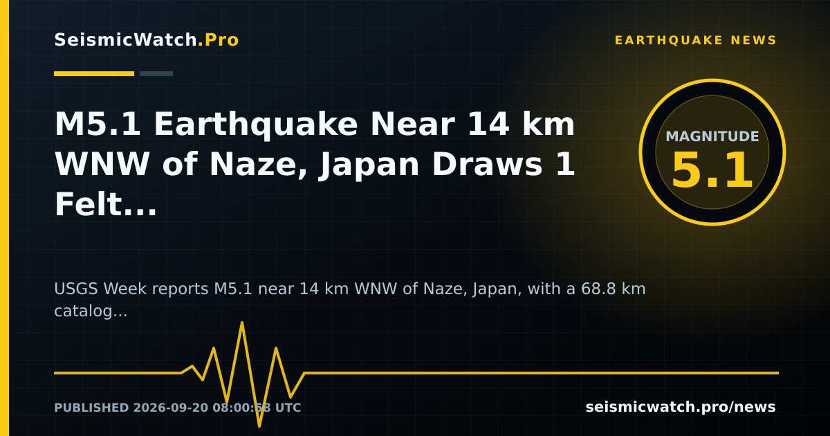 News card for M5.1 Earthquake Near 14 km WNW of Naze, Japan Draws 1 Felt Reports