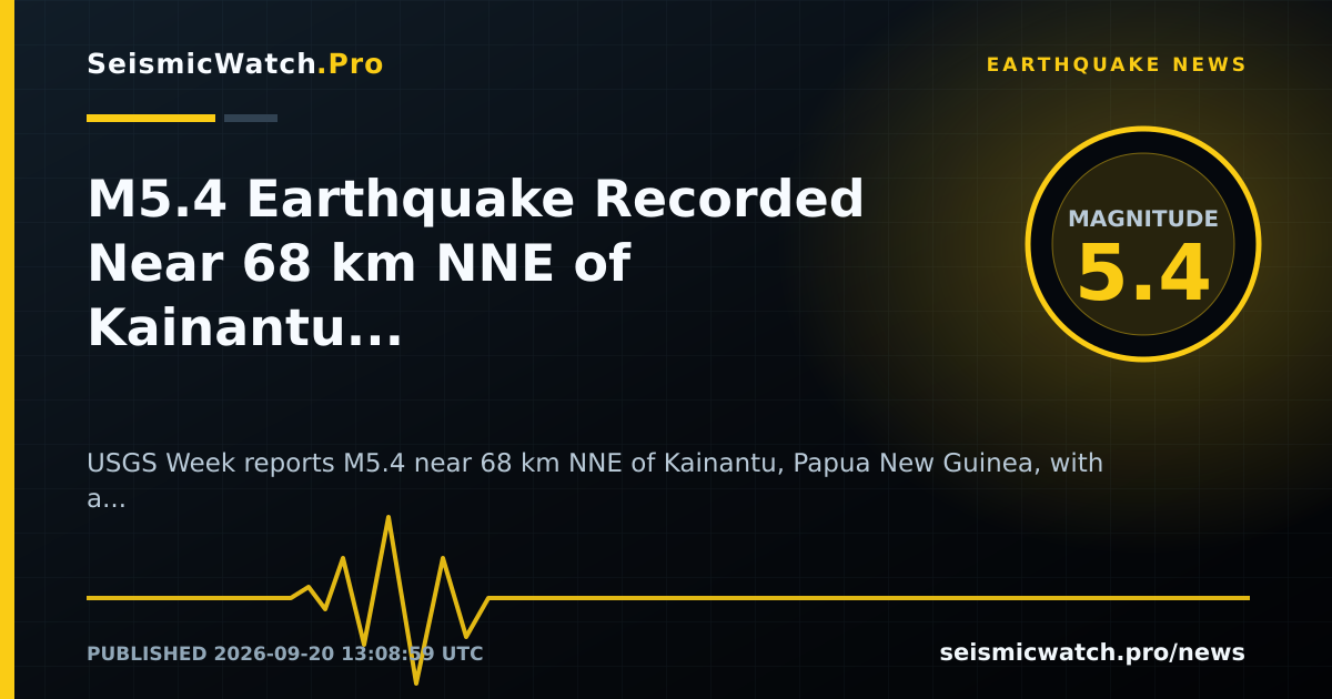 News card for M5.4 Earthquake Recorded Near 68 km NNE of Kainantu, Papua New Guinea