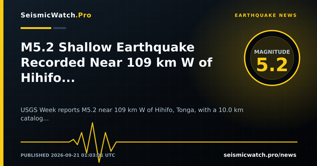 News card for M5.2 Shallow Earthquake Recorded Near 109 km W of Hihifo, Tonga