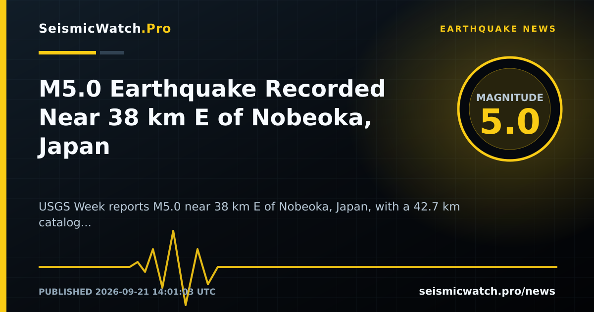 News card for M5.0 Earthquake Recorded Near 38 km E of Nobeoka, Japan