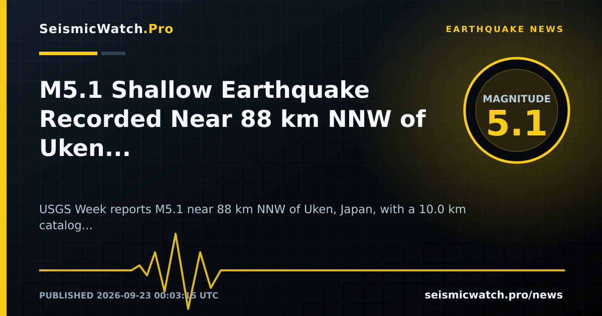 News card for M5.1 Shallow Earthquake Recorded Near 88 km NNW of Uken, Japan