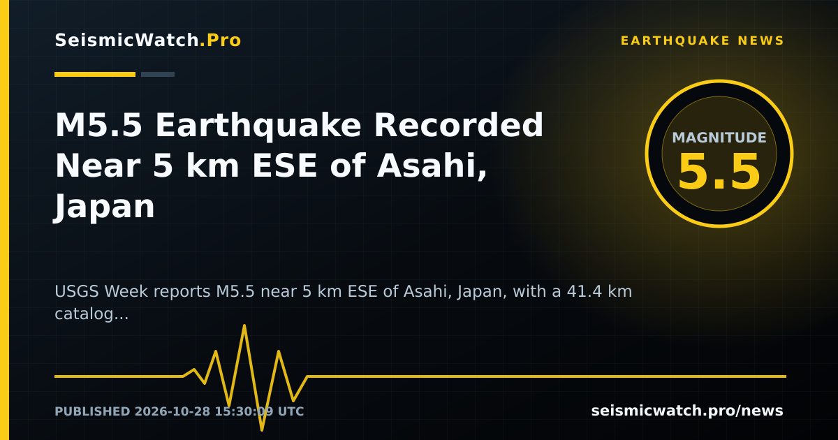 News card for M5.5 Earthquake Recorded Near 5 km ESE of Asahi, Japan