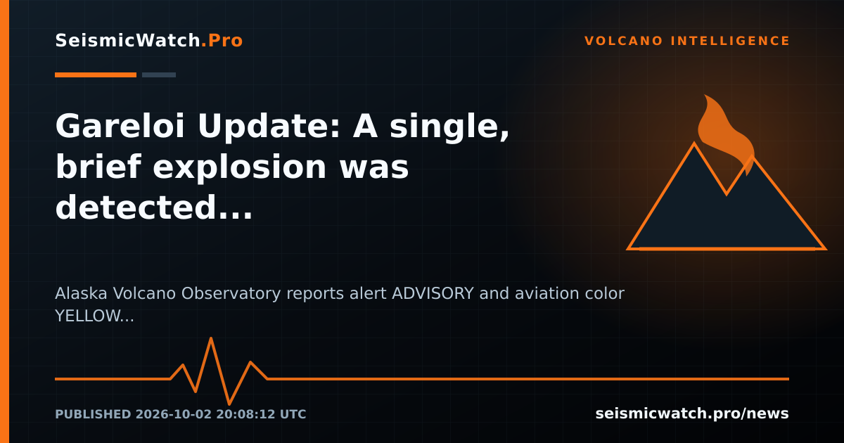 News card for Gareloi Update: A single, brief explosion was detected in geophysical data on October 1 at 07:27 AM AKDT…