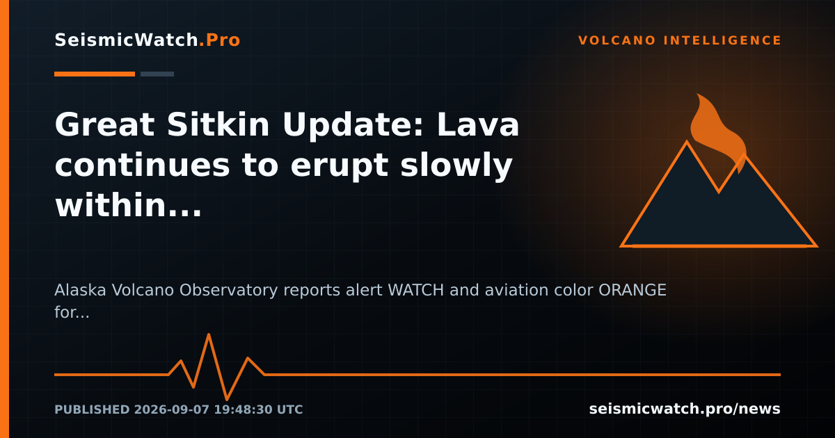 News card for Great Sitkin Update: Lava continues to erupt slowly within the summit crater.