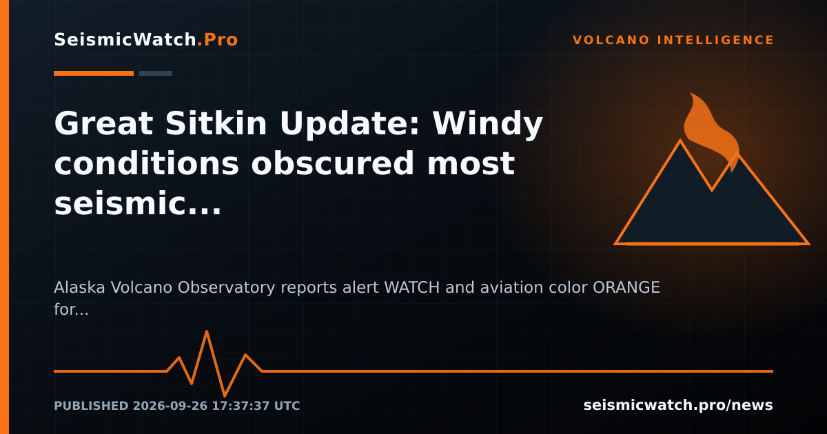 News card for Great Sitkin Update: Windy conditions obscured most seismic signals and clouds obscured satellite and webcam…