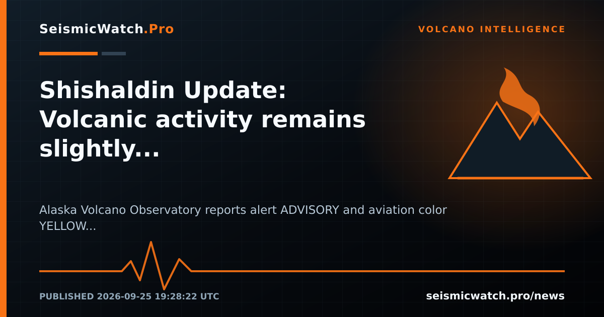 News card for Shishaldin Update: Volcanic activity remains slightly elevated, with small earthquakes, ongoing tremor, and…