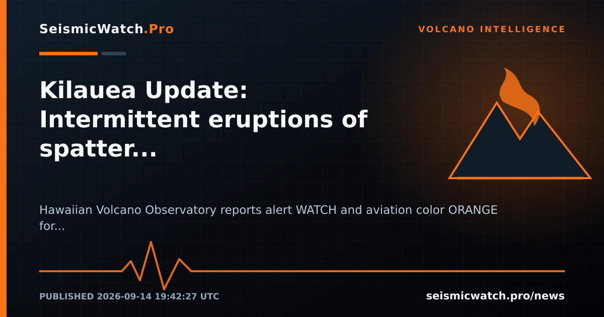 News card for Kilauea Update: Intermittent eruptions of spatter bursts built a small cone around the north vent in…