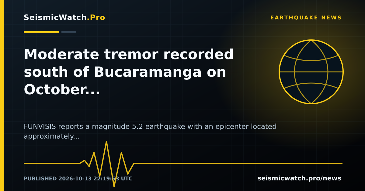 News card for Moderate tremor recorded south of Bucaramanga on October 13, 2026