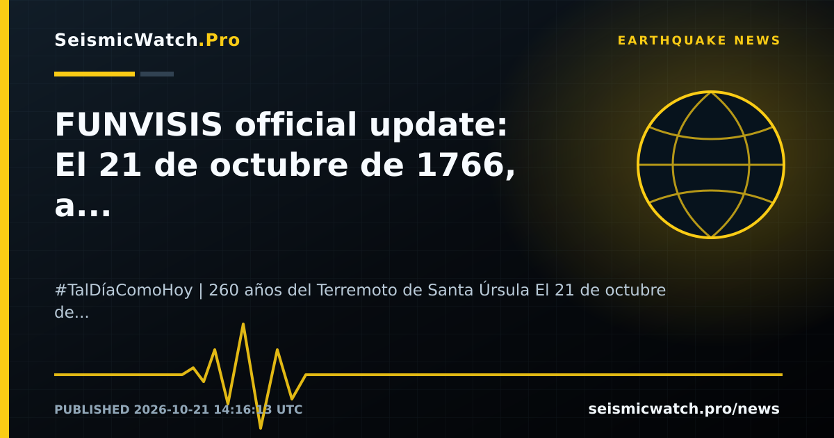 News card for FUNVISIS official update: El 21 de octubre de 1766, a las 4:30 hora local, ocurrió un terremoto de magnitud 7,9, con epicentro en la región nororiental de Venezuela. Las autoridade